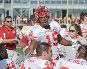 Nebraska's Quentin Castille (19) is congratulated at the bench after scoring a second half touchdown against Iowa State in an NCAA college football game, Saturday Oct. 18, 2008 in Ames, Iowa. Nebraska beat Iowa State 35-7. (AP)